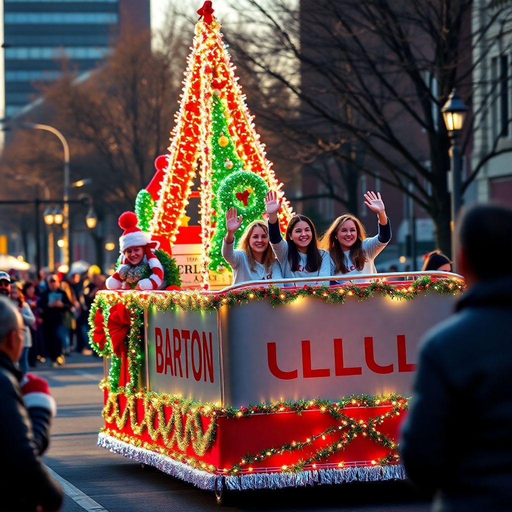 A photorealistic image of a vibrant Barton College float in the Wilson Christmas parade, adorned with Christmas lights and decorations, students waving to the crowd, with a festive and joyful atmosphere.  The background should show cheering spectators lining the parade route on a sunny day. High resolution, detailed, sharp focus, cinematic lighting