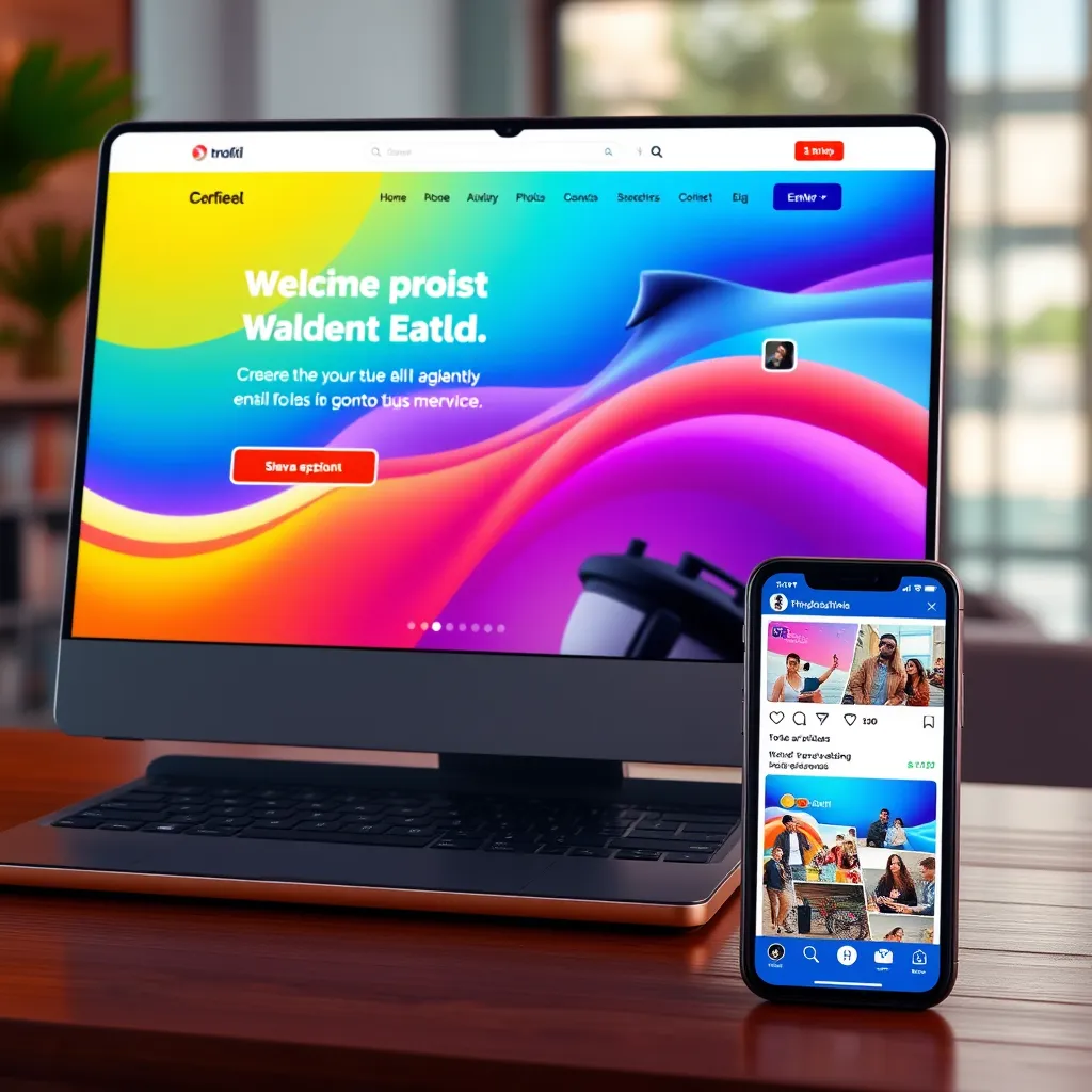 A photorealistic image of a vibrant, modern website with a clear call to action, accompanied by a social media feed showcasing engaging content, photos, and videos, all featuring the same brand logo and messaging, emphasizing consistent brand building across platforms.