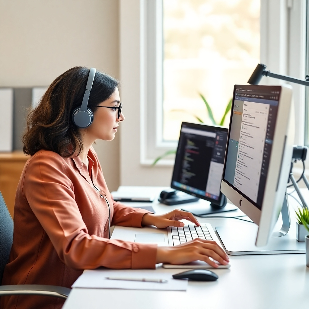 A photorealistic image of a virtual assistant working on multiple screens, simultaneously managing emails, scheduling appointments, and handling client communications. The workspace is organized and efficient, reflecting the professionalism of a VA. Soft, natural light creates a focused atmosphere. 8k resolution, hyperrealistic.
