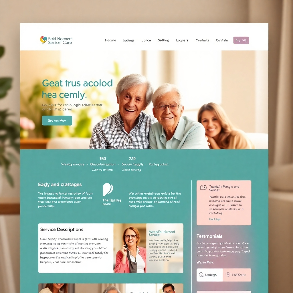 A photorealistic image of a warm and inviting website interface for a senior care provider. The website is clean, easy to navigate, and showcases photos of happy seniors and staff.  Key features such as contact forms, service descriptions, and client testimonials are clearly visible and well-designed. The overall aesthetic should be calming and trustworthy.