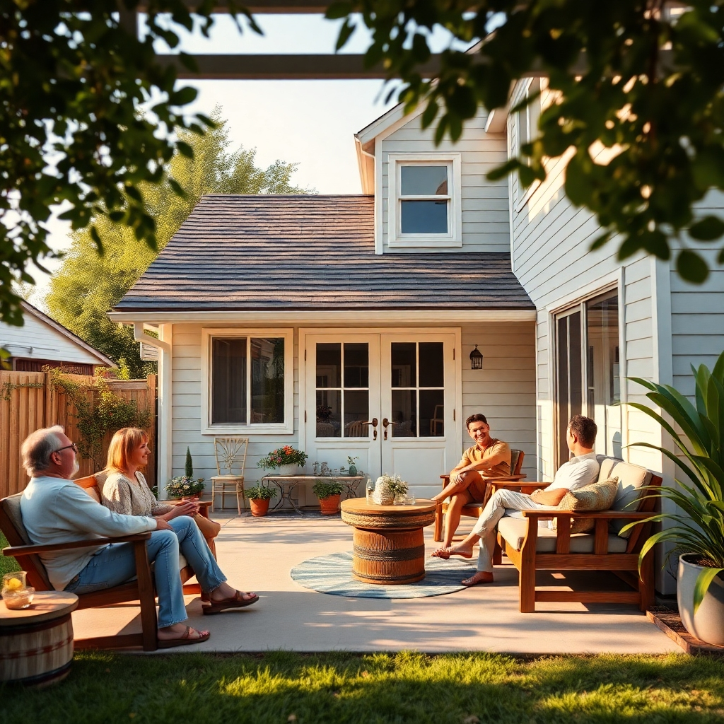 A photorealistic image of a well-maintained rental property with tenants enjoying the outdoor space. The scene is welcoming and idyllic, representing stable passive income. The lighting is natural and warm. Camera angle: wide shot, showcasing the entire property. Style: Real estate photography with a focus on lifestyle.