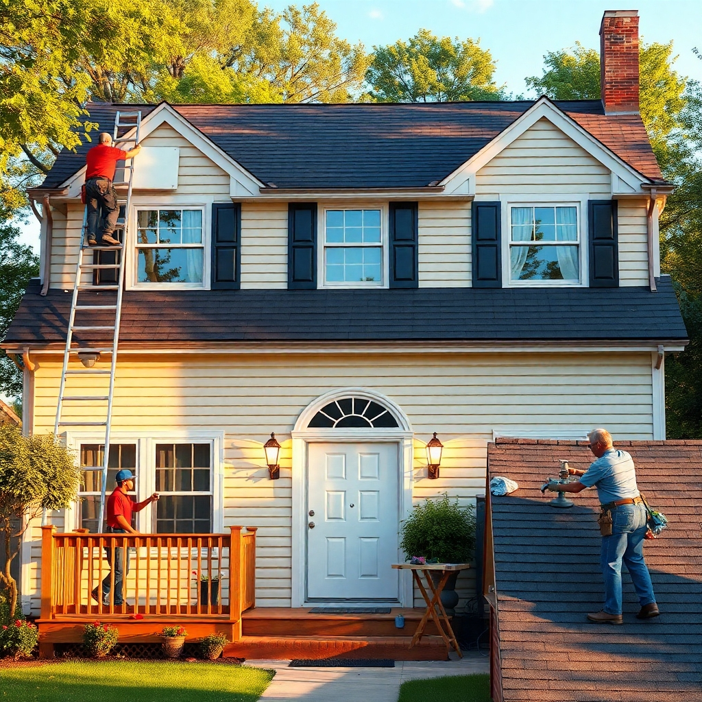 A photorealistic image of a well-maintained suburban home, with various home improvement projects in progress. The image should include a painter on a ladder, a carpenter working on a deck, a plumber replacing a faucet, and a roofer working on the roof. All projects should be in progress, highlighting the diverse range of services DTR Handyman offers.