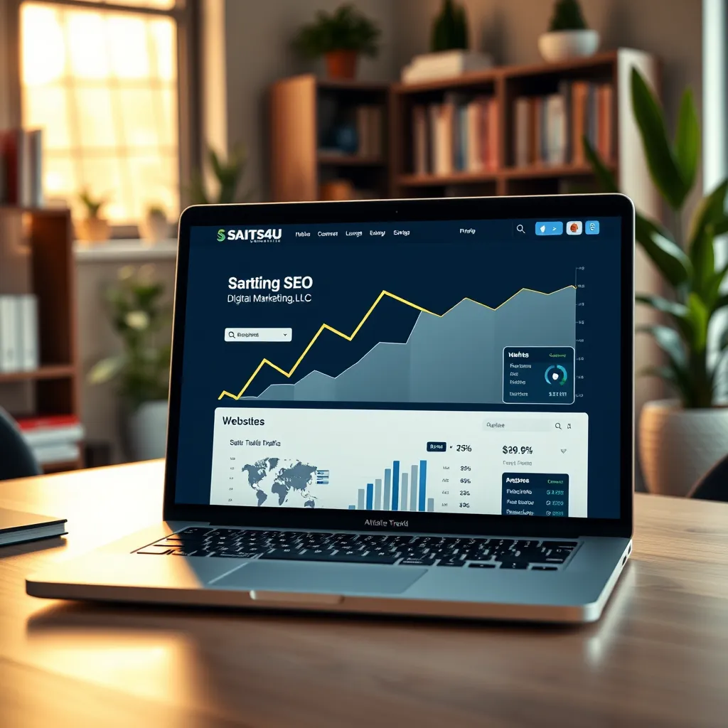 A photorealistic image of a website dashboard with a sharp upward trend line on a graph representing website traffic, with a laptop in the foreground showing a website with the title "SAITS4U Digital Marketing, LLC" on the screen. Soft, warm lighting illuminates the scene, casting a glow on the screen and keyboard. The background features a modern office environment, with bookshelves and plants adding a touch of natural elements. Emphasize the details of the screen, including the website design, data visualizations, and the upward trend line. Render the image in 8K resolution with hyperrealistic textures and details. Capture the feeling of progress and success, conveying the power of SEO to drive website traffic and visibility.