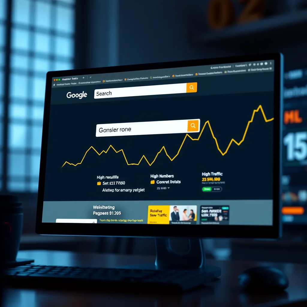 A photorealistic image of a website with a high search engine ranking, displayed prominently on a computer screen. The image should showcase a strong online presence, with a focus on the website's visibility in search results, high traffic numbers, and positive user engagement metrics.