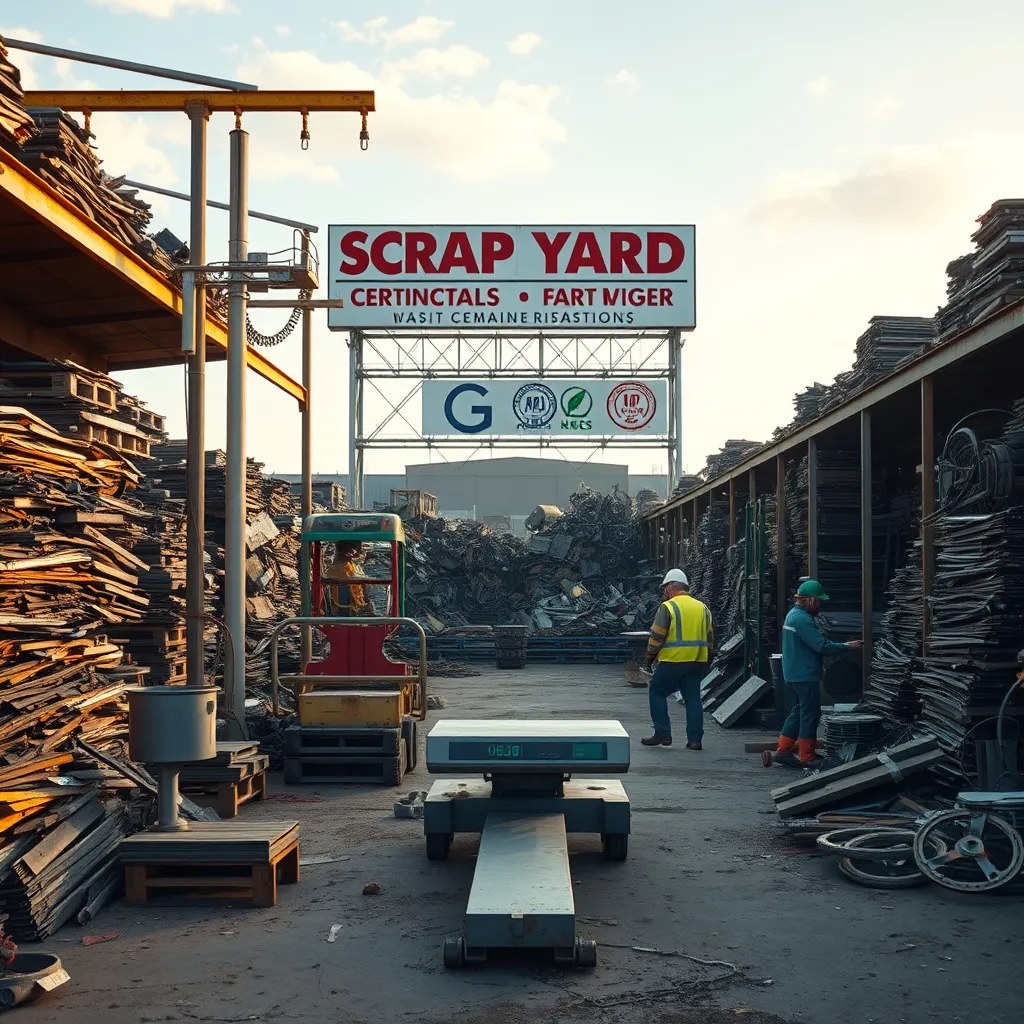A photorealistic image of a well-maintained scrap yard with organized piles of metal, a weigh scale, and workers sorting materials safely in protective gear.  The background should feature a clear sky and a large sign indicating the scrap yard's name and certifications.