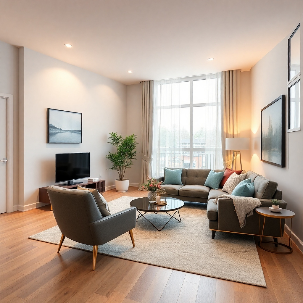 A photorealistic image of a well-maintained rental property, highlighting its desirable features and potential for high occupancy. The image must feel inviting and luxurious.