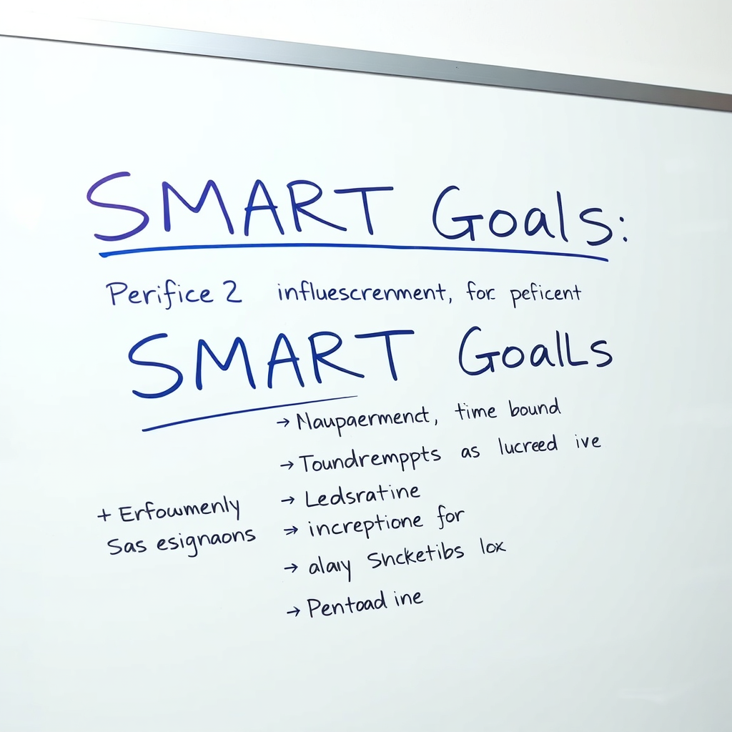 A photorealistic image of a whiteboard filled with SMART goals (Specific, Measurable, Achievable, Relevant, Time-bound) for an influencer marketing campaign. Key objectives are highlighted, such as increased brand awareness, lead generation, and sales growth. Lighting is bright and focused, emphasizing the clarity of the goals. Color palette is clean and professional, with a focus on highlighting the key objectives. Camera angle is a close-up shot of the whiteboard, capturing the details of the goals. Texture details should be hyperrealistic, showcasing the details of the whiteboard, the markers, and the handwriting. Style reference: a blend of business planning aesthetics and modern marketing strategy. 8K resolution.
