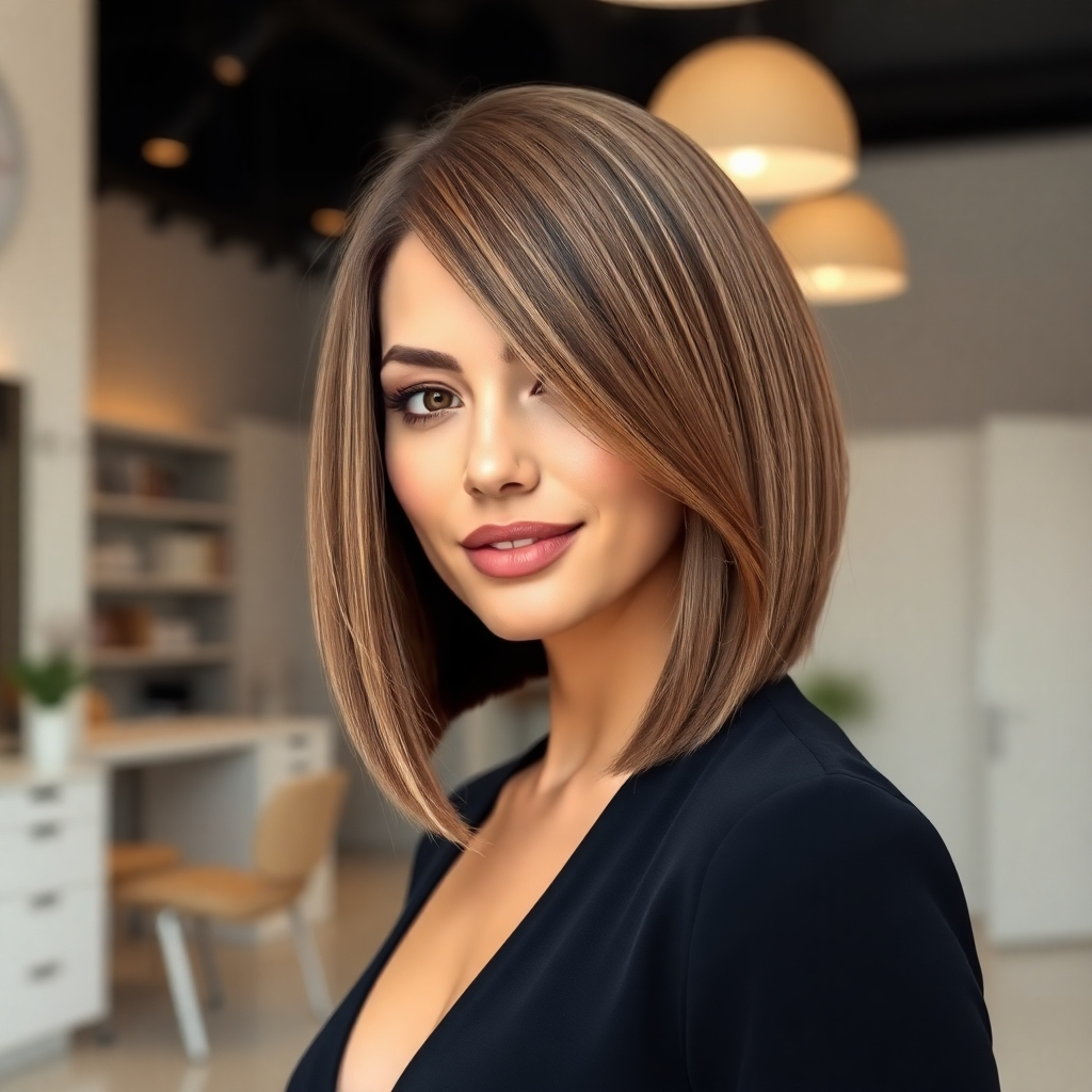 A photorealistic image of a woman with a stylish, modern bob haircut, showcasing healthy, shiny hair. The background should be a minimalist, modern salon setting with soft, natural lighting. The focus is on the sharp lines and precision of the haircut, highlighting the woman's confidence and radiant appearance. The overall style should be elegant and sophisticated.