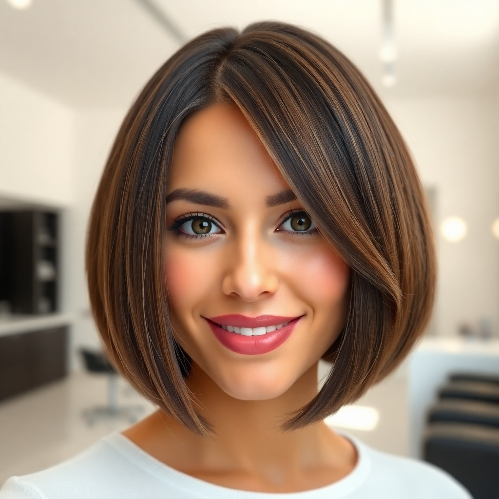 A photorealistic image of a woman with a perfect, modern bob haircut, showcasing healthy, shiny hair. The background should be a minimalist, upscale salon setting with soft, natural light. Focus on the sharp lines and precision of the cut, highlighting the hair's texture and shine. The woman should have a confident and radiant expression.