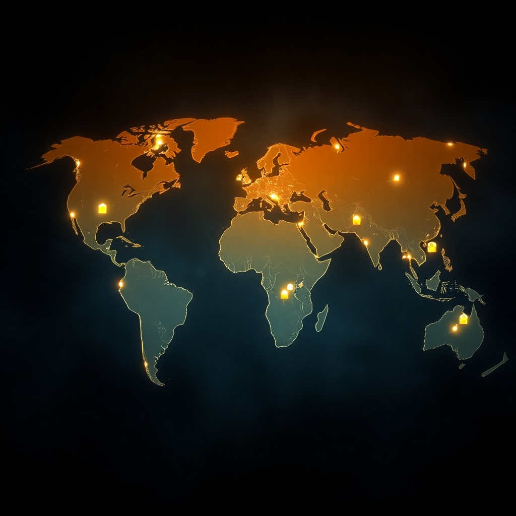 A photorealistic image of a world map with glowing lines connecting various locations, symbolizing a global network of suppliers. Each location is marked with a small icon representing a different product category. The background is dark and atmospheric, emphasizing the interconnectedness of the global supply chain. The lighting is focused on the map and the connections. Camera angle: Overhead, slightly tilted to show the curvature of the earth.