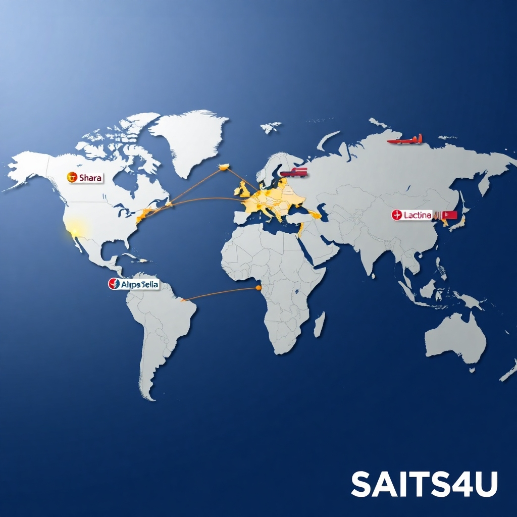 A photorealistic image of a world map with various shipping routes highlighted, overlaid with the logos of different shipping carriers.  The image should clearly show the global reach and diversity of options available through SAITS4U.