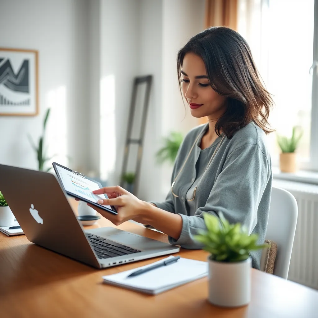 A photorealistic image of a woman, 30s, working from home, sitting at a desk with a laptop and a notepad, analyzing data on a tablet. The image is bright and airy, with natural light streaming in from a window. The woman is wearing comfortable but professional clothes, and there are elements of a home office around her, such as plants, a mug, and a framed picture. The image should convey a sense of focus, organization, and productivity. The camera angle should be slightly elevated, looking down at the woman, creating a sense of intimacy and connection. The background should be slightly blurred to emphasize the woman and her work. The image should be styled in a modern and minimalist aesthetic, with clean lines and muted colors. The overall mood should be one of empowerment and confidence. The resolution should be 8K, with ultra-detailed textures and lighting.