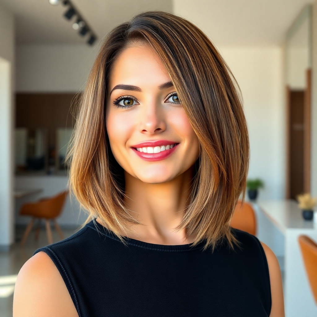 A photorealistic image of a woman with a chic, modern bob haircut, showcasing healthy, shiny hair. The background should be a minimalist, modern salon setting with natural light.  The image should emphasize the precision and quality of the haircut, highlighting the sharp lines and overall style. The woman should appear confident and happy with her new look. The image should have a warm, inviting atmosphere and high-end salon feel.