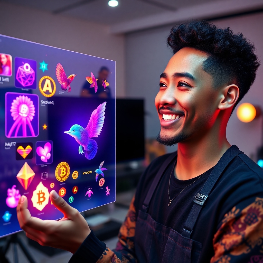 A photorealistic image of a young, diverse artist smiling proudly as they look at their digital artwork displayed on a holographic screen, surrounded by vibrant NFT art pieces and glowing cryptocurrency symbols. The background should be a modern, minimalist studio with a futuristic vibe.