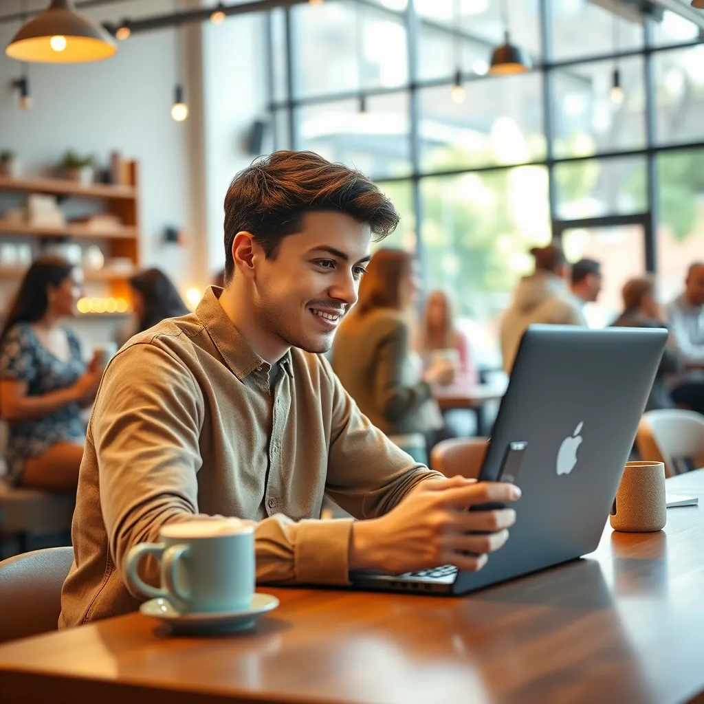 A photorealistic image of a young entrepreneur, 20s, interacting with their social media community. The scene is set in a brightly lit coffee shop with a warm and inviting atmosphere. The entrepreneur is sitting at a table, using their laptop to respond to comments, share user-generated content, and participate in online discussions. The image features diverse individuals in the background, interacting with each other and enjoying their coffee. The camera angle should be slightly tilted, capturing the entrepreneur's engagement and the lively atmosphere of the coffee shop. The image should be infused with a sense of warmth, community, and connection. The overall mood is one of positivity and inclusivity. The image should be hyperrealistic with 8K resolution, showcasing the intricate details of the coffee shop, the people, and their interactions.