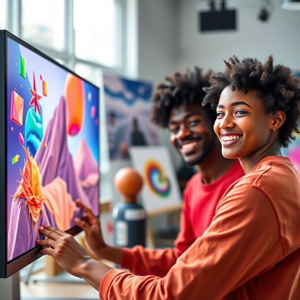 A photorealistic image of a young, diverse artist smiling proudly while looking at their digital artwork displayed on a large monitor, with colorful NFTs floating around the screen, showcasing a vibrant and modern art studio in the background.  The lighting should be bright and natural, emphasizing the vibrancy of the colors. The overall style should be clean, modern, and aspirational.