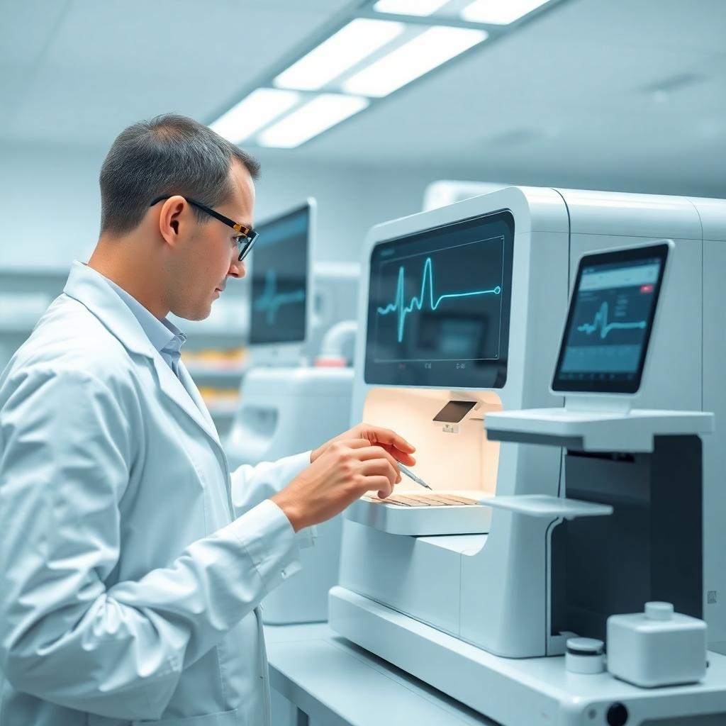 A photorealistic image of advanced pharmacy equipment in use, emphasizing its efficient and accurate use. The image should have a sleek, modern design with clean lines and a professional aesthetic. Style: Modern technology but welcoming environment.