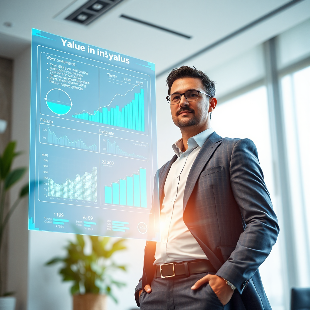 A photorealistic image of an entrepreneur standing confidently next to a holographic projection displaying financial charts and graphs representing the value of their company. The setting is a modern office with soft, natural light. The entrepreneur is sharply dressed and conveys an air of self-assurance. The holographic projection is bright and clear, showcasing key metrics and data points that highlight the company's value. The color palette is primarily blue and white, with accents of green to symbolize growth and success. The camera angle is low, emphasizing the height and power of the entrepreneur and the projection. The style should be hyperrealistic, similar to corporate photography. The overall image should convey the message that understanding your value is crucial for successful negotiation.