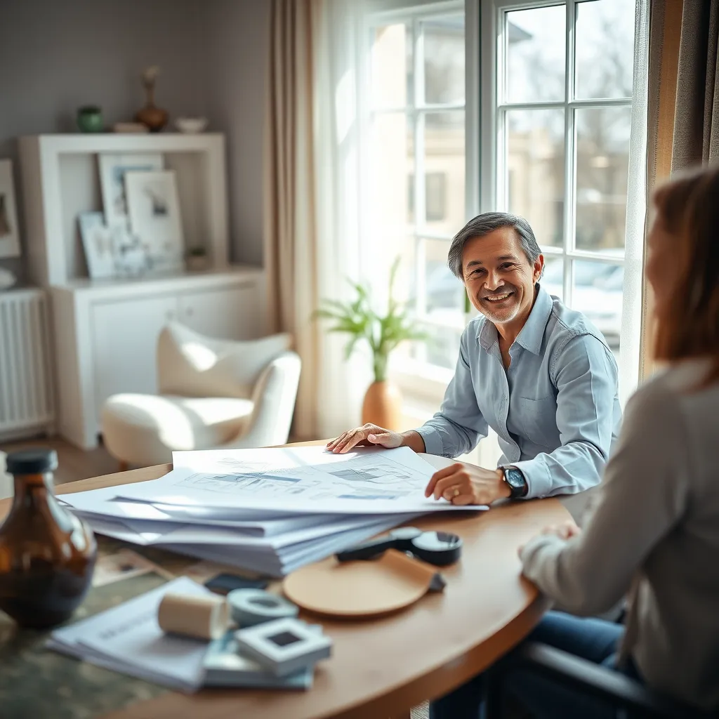 A photorealistic image of an interior designer sitting with a client, discussing design plans on a table with sketches and fabric swatches. The room should be bright and inviting, with natural light streaming in. The designer and client are both smiling and engaged in conversation.