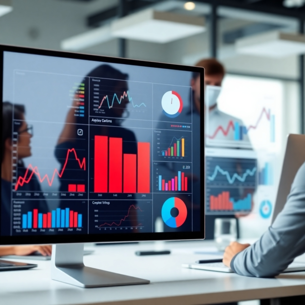 A photorealistic image of data analysis charts and graphs displayed on a screen with a team analyzing data in the background.