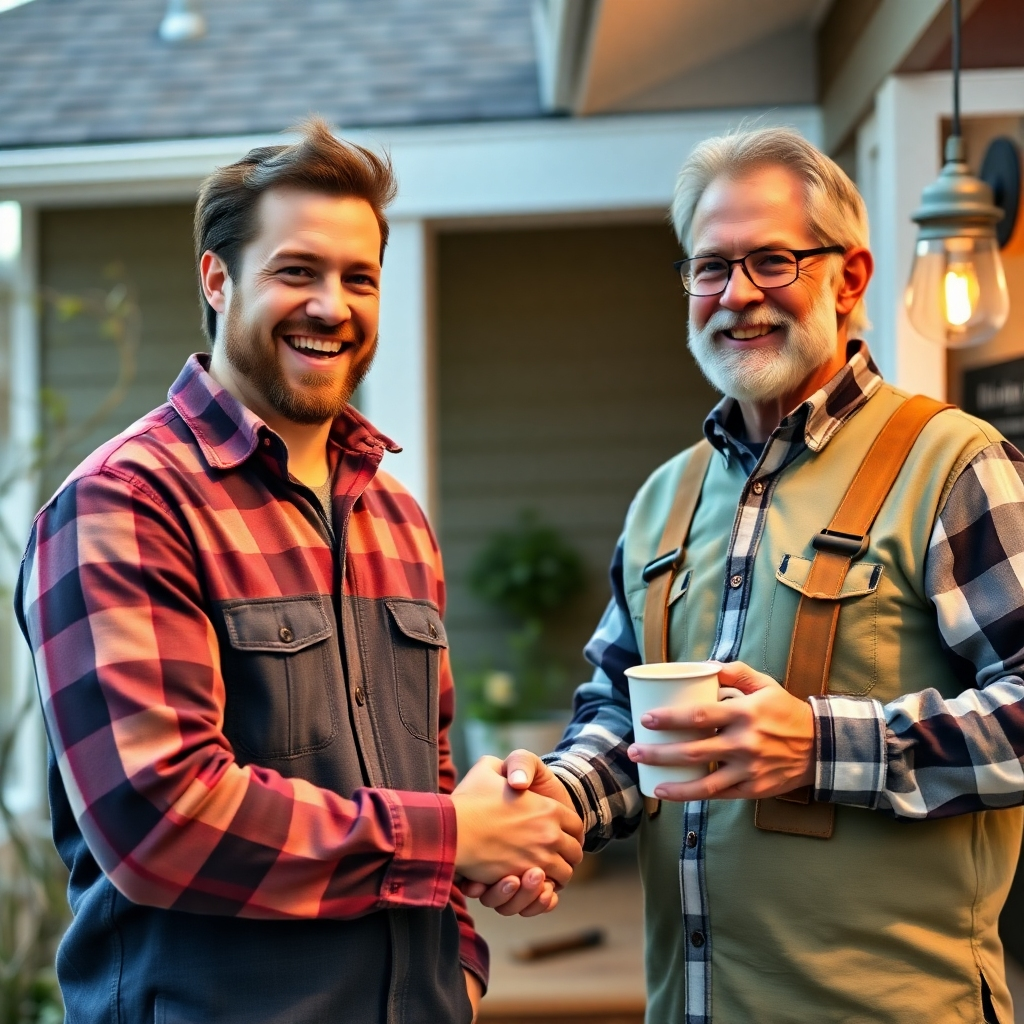 A photorealistic image of Dillon Roberson, smiling and shaking hands with a satisfied homeowner. The homeowner should be holding a cup of coffee and pointing at a recently completed home improvement project, showcasing DTR Handyman's commitment to customer satisfaction.