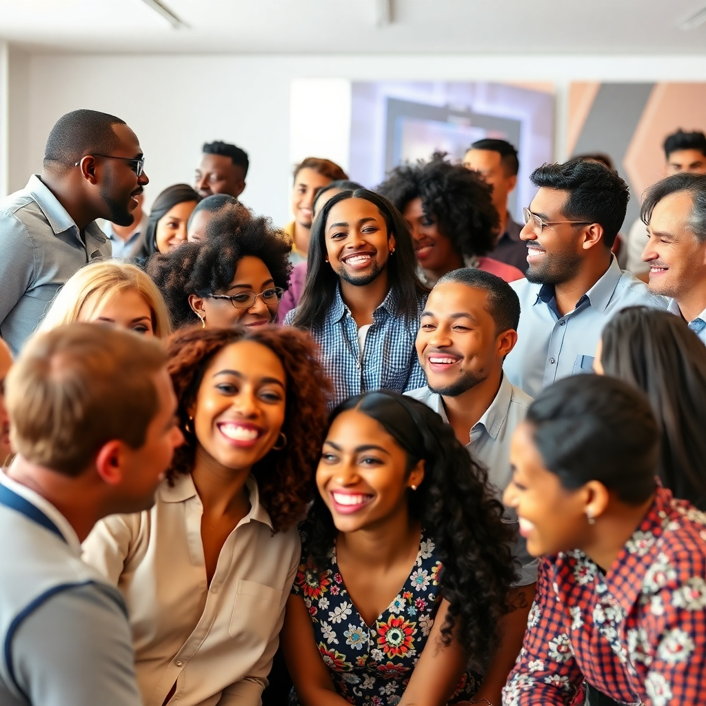 A photorealistic image of diverse individuals interacting positively in a lively online chat setting or networking event. The image should be high-resolution and showcase a diverse group of people.
