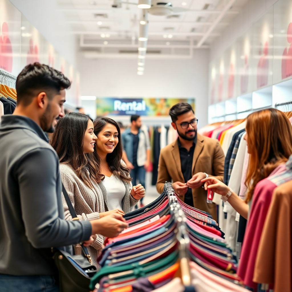 A photorealistic image of diverse customers browsing and selecting clothing items in a clean and bright rental store. The focus should be on positive customer interactions and the store's inviting atmosphere.  The background should feature stylish clothing displayed attractively. The lighting should be well balanced, creating a clean and inviting scene. The image must be high resolution and convey a positive and engaging shopping experience.