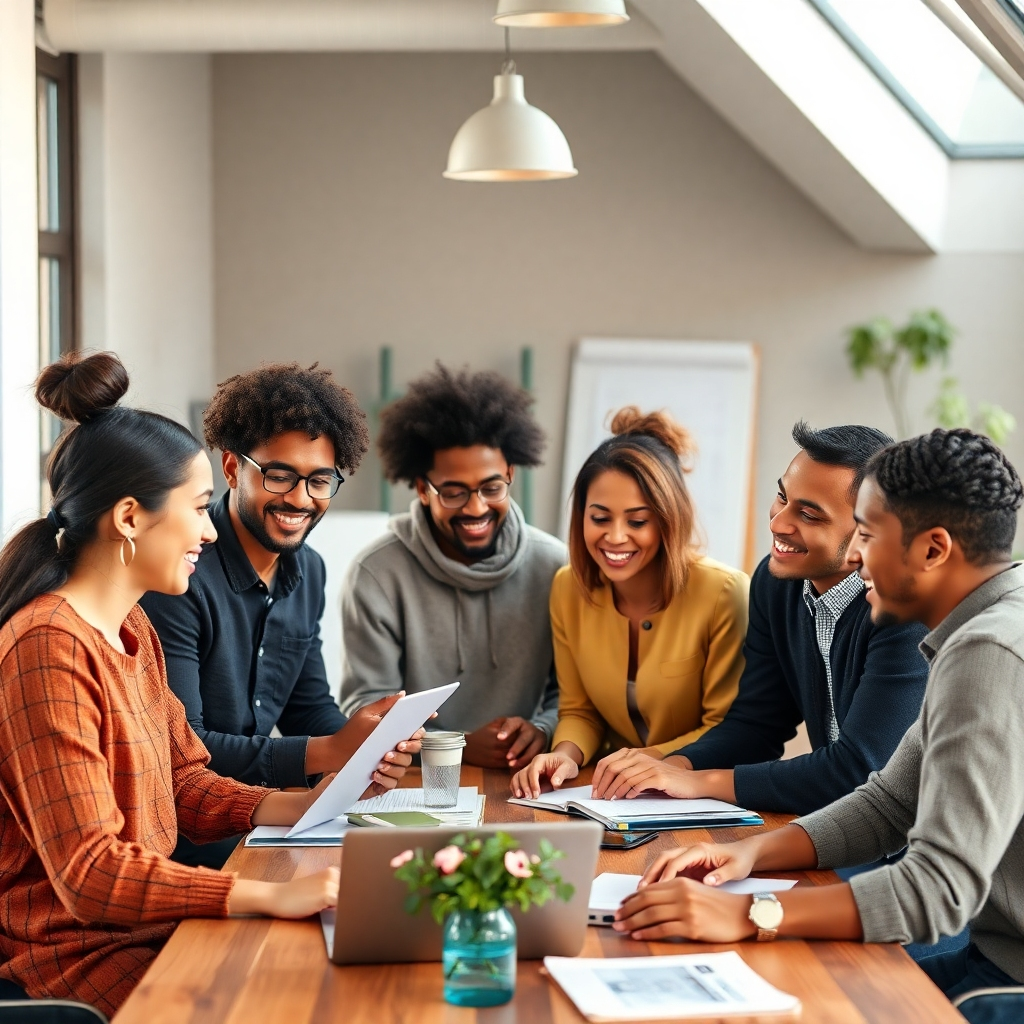 A photorealistic image of diverse entrepreneurs gathered in a collaborative setting, working together, and brainstorming ideas. Emphasize teamwork and collaboration. The color palette should be warm and welcoming.  Use natural and even lighting to showcase a comfortable and encouraging work environment. Aim for a 4K resolution, hyperrealistic image, representing the community spirit and diverse individuals.