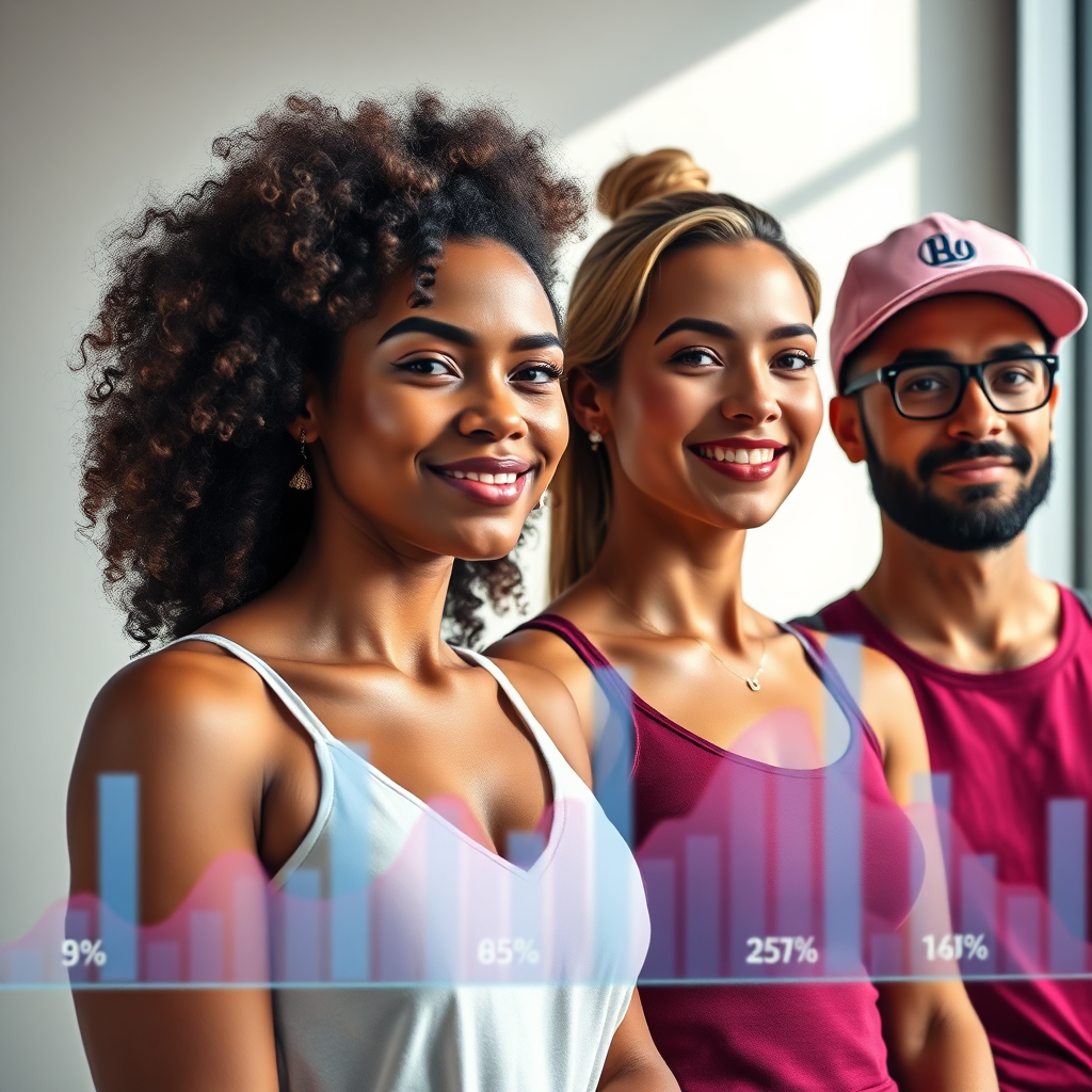 A photorealistic image of diverse influencers standing side-by-side, each representing a unique niche (beauty, tech, fitness, travel). In the foreground, analytical data streams highlight their engagement metrics, showcasing SAITS4U's data-driven approach to influencer selection. Lighting is soft and professional, with a focus on highlighting the influencers' personalities. Color palette is clean and modern, with pops of vibrant color to represent the diversity of niches. Camera angle is a medium shot, focusing on the faces and expressions of the influencers. Texture details should be hyperrealistic, showcasing the nuances of their features and clothing. Style reference: a blend of professional headshots and dynamic social media visuals. 8K resolution.
