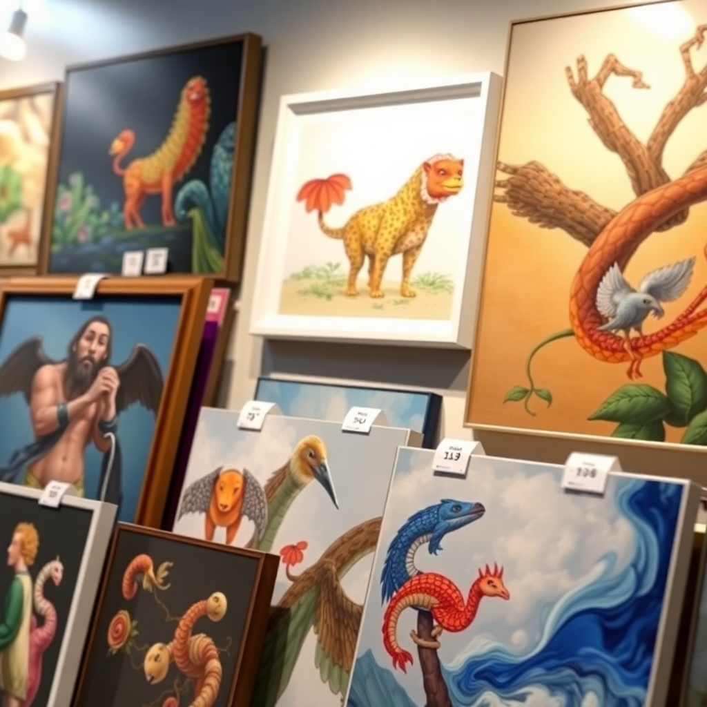 A photorealistic image of diverse artwork with price tags on display, showcasing various options for monetizing the art, emphasizing the user-friendly experience for both artists and buyers. Soft lighting, realistic textures and pricing information should be visible.