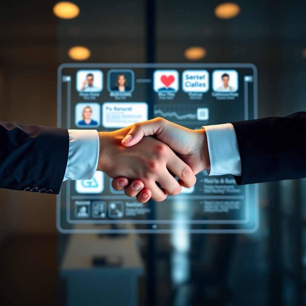 A photorealistic image of hands shaking across a digital screen, symbolizing a successful online connection leading to a real-world partnership. The screen should display professional profiles and industry logos, suggesting a strategic alliance. The lighting should be warm and inviting, highlighting the trust and mutual benefit in the handshake. The background should be blurred to focus on the handshake as the central element.
