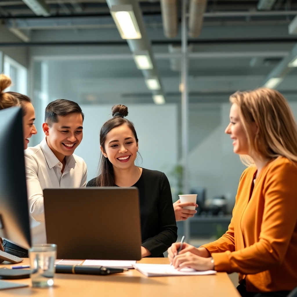 A photorealistic image of happy new employees working collaboratively in a team setting, with a supportive manager providing assistance.
