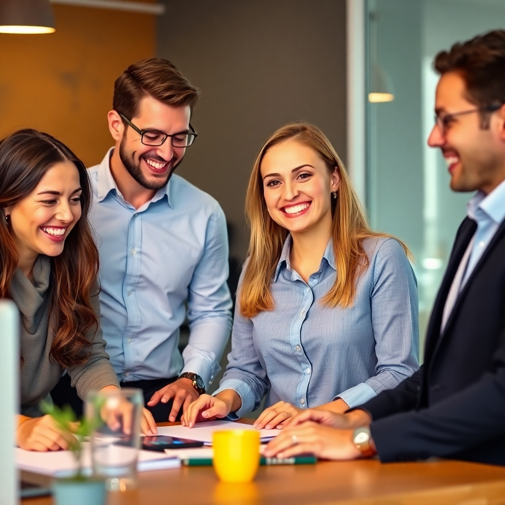 A photorealistic image of happy employees working together, depicting successful recruitment and teamwork.