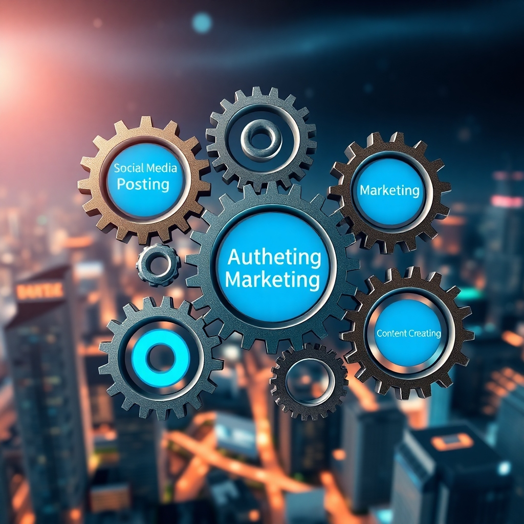 A photorealistic image of interconnected gears and cogs, representing the automation of marketing processes. Each gear is labeled with a different marketing task, such as social media posting, email marketing, and content creation. The background is a futuristic cityscape, symbolizing the power and efficiency of technology. The lighting is dynamic and energetic, emphasizing the smooth operation of the automated system. Camera angle: Overhead, slightly tilted to show the interconnectedness of the gears.
