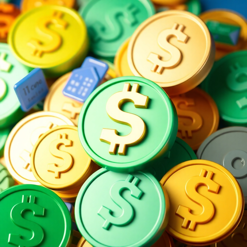 A photorealistic image of multiple currency symbols or digital assets, with various online business tools and concepts incorporated into the image.  The image should represent financial abundance and business prosperity. The colour palette should be vibrant and optimistic. The lighting should be sharp and clear. Aim for a 4K resolution, high-quality image.