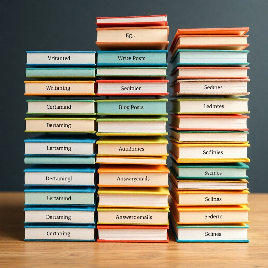 A photorealistic image of multiple identical tasks (e.g., writing blog posts, answering emails) neatly organized into separate stacks, illustrating the concept of batching similar activities together. Each stack should have a label.