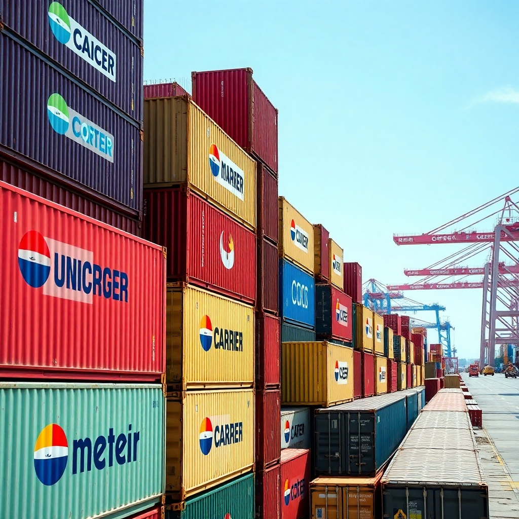 A photorealistic image of multiple shipping containers, each with a different carrier's logo prominently displayed, arranged neatly at a bustling port.  The lighting should be bright and clear, highlighting the logos and the overall organization.  The image should project a sense of efficiency and orderliness, reflecting the importance of carrier selection in optimizing logistics.