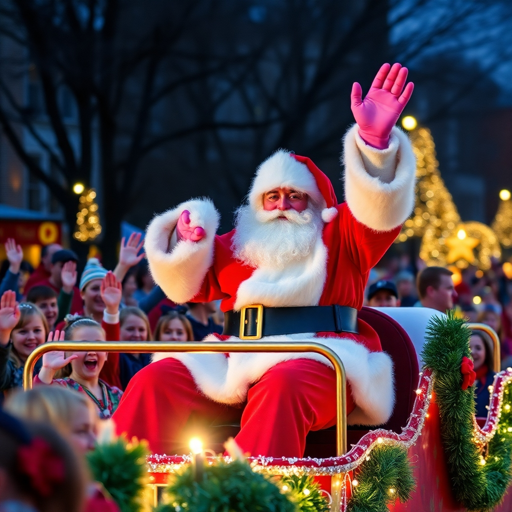 A photorealistic image of Santa Claus waving from a decorated float in the Wilson, NC Christmas parade. The float should be adorned with twinkling lights and festive decorations.  The background includes a lively crowd of people, particularly children with joyful expressions, waving back at Santa.