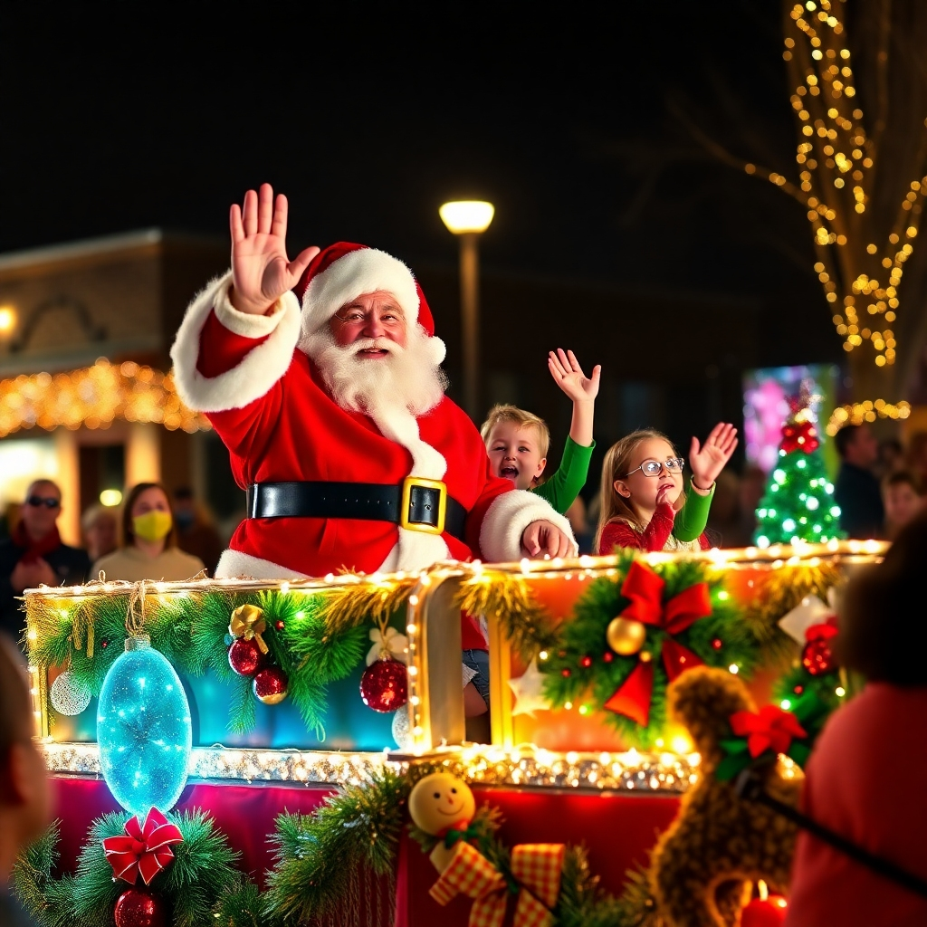 A photorealistic image of Santa Claus waving from a decorated float in the Wilson, NC Christmas parade. The image should focus on Santa, with children excitedly cheering and waving back at him. It should have a warmly lit and festive atmosphere. The float should be elaborately decorated with Christmas lights, ornaments, and other holiday decorations. Include a diverse crowd of people in the background enjoying the parade.