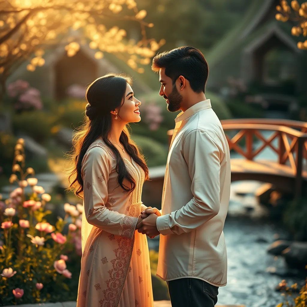 A photorealistic image of Sehar and [Partner's Name] in a romantic setting, bathed in warm, golden sunlight. They are holding hands, their eyes locked in a loving gaze. The background features a lush garden with blooming flowers, a flowing stream, and a quaint wooden bridge. The image should be captured at a low angle, emphasizing the intimate connection between the couple. The overall mood should be romantic and whimsical, with a touch of nostalgia. Rendered in 8K resolution, with hyperrealistic detail, showcasing the texture of their clothing, the vibrant colors of the flowers, and the soft glow of the sunlight. The image should have a timeless quality, evoking a sense of love that transcends time and space.