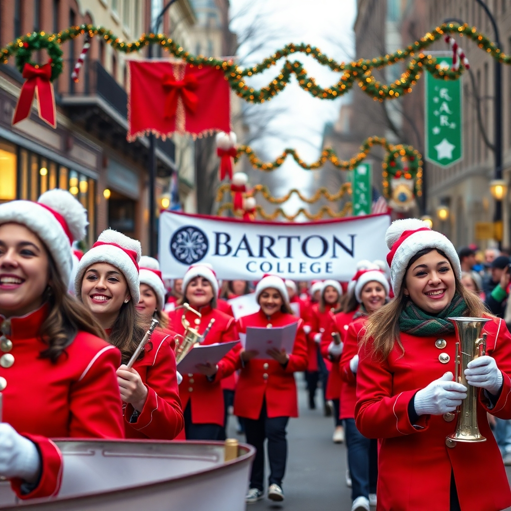 A photorealistic image of the Barton College marching band in the Wilson, NC Christmas parade, playing festive music, with smiling students in bright, holiday-themed uniforms, and a banner showing the Barton College logo. The background should show a vibrant, crowded street with Christmas decorations and onlookers cheering.