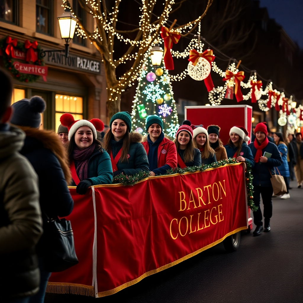 A photorealistic image of the Barton College contingent in the Wilson, NC Christmas parade 2024. This should include students, faculty, and potentially a float or banner clearly identifying Barton College. The image should capture the festive atmosphere and the college's participation in the parade. The background should feature holiday decorations and the lively parade atmosphere.