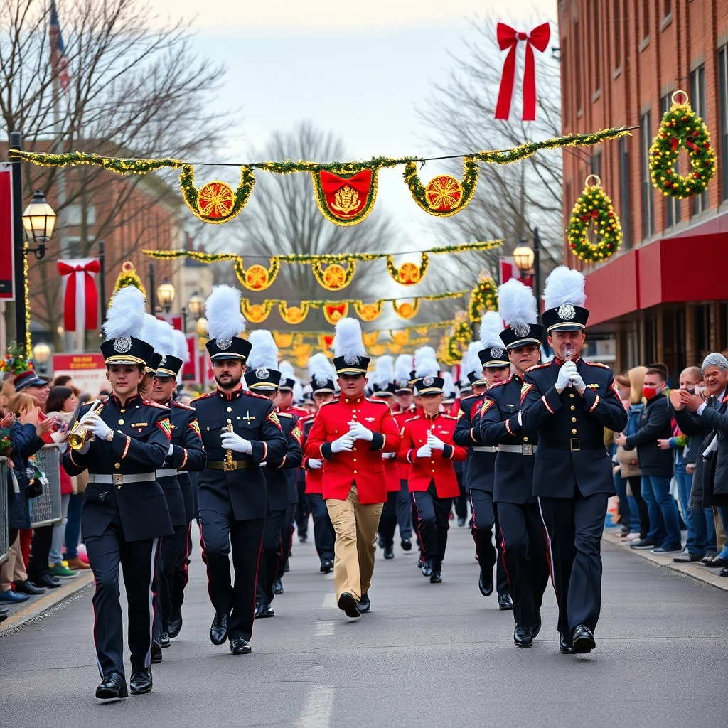 A photorealistic image of three high school marching bands (Fike, Beddingfield, and Hunt High School) and ROTC groups in Wilson, NC, marching down a street lined with Christmas decorations during the 2024 Christmas parade.  The image should be bright, showcasing the bands' uniforms and instruments, and the festive atmosphere.  Include cheering spectators along the parade route.
