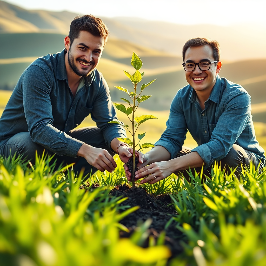 A photorealistic image of two entrepreneurs planting a tree together in a lush, green field. The tree is young and healthy, symbolizing growth and prosperity. The background is a landscape with rolling hills and a clear sky, representing a bright future. The lighting is warm and inviting, creating a sense of hope and optimism. The color palette is dominated by greens and blues, representing nature and sustainability. The camera angle is slightly wide, capturing both individuals and the surrounding environment. The style is hyperrealistic, similar to professional nature photography. The overall image should convey the message that focusing on long-term value creation is essential for building sustainable partnerships.
