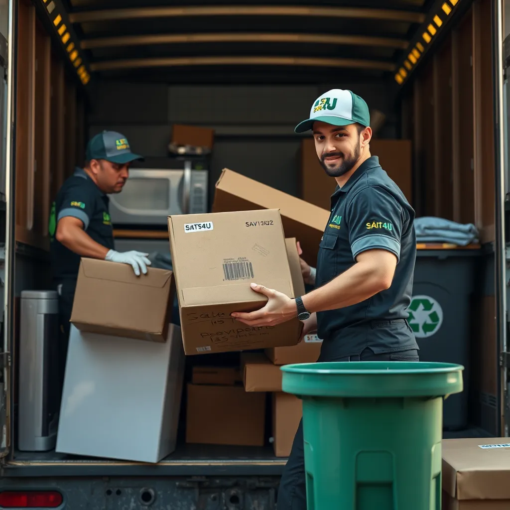 A photorealistic image of two SAITS4U employees carefully loading a variety of items (e.g., old appliances, furniture, boxes) into a truck. The image should show them wearing uniforms and handling the items with care. In the background, a recycling bin should be visible, highlighting the company's commitment to responsible disposal.