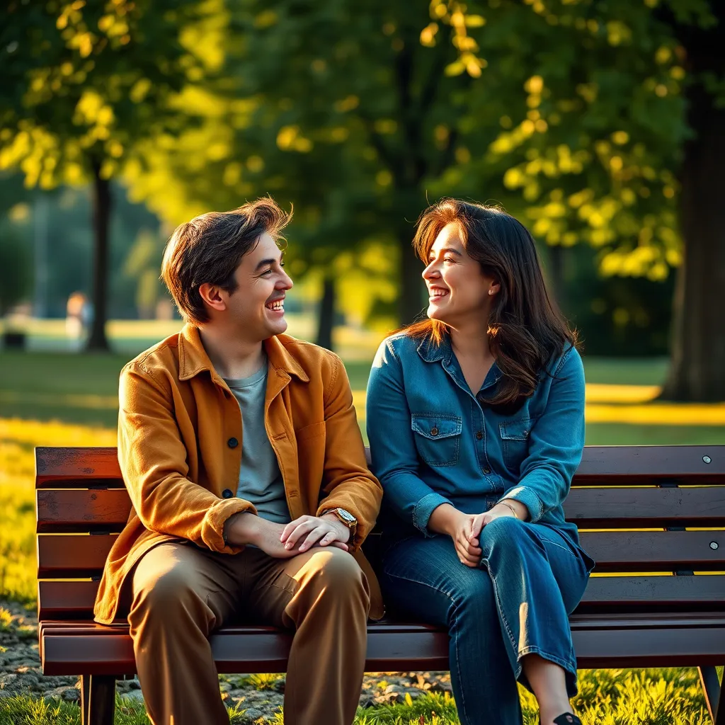 A photorealistic image of two people sitting on a park bench, engaged in a deep conversation. The people are smiling and laughing, radiating warmth and connection. The lighting is soft and natural, casting a golden glow on the scene. The color palette is vibrant and cheerful, reflecting the joy and intimacy of a strong relationship. The image is shot from a medium distance, capturing the essence of their interaction. The background is a lush green park, symbolizing the growth and nurturing of a healthy relationship. The image has a highly detailed, realistic style and a 8K resolution.  The image is in the style of a romantic comedy poster.