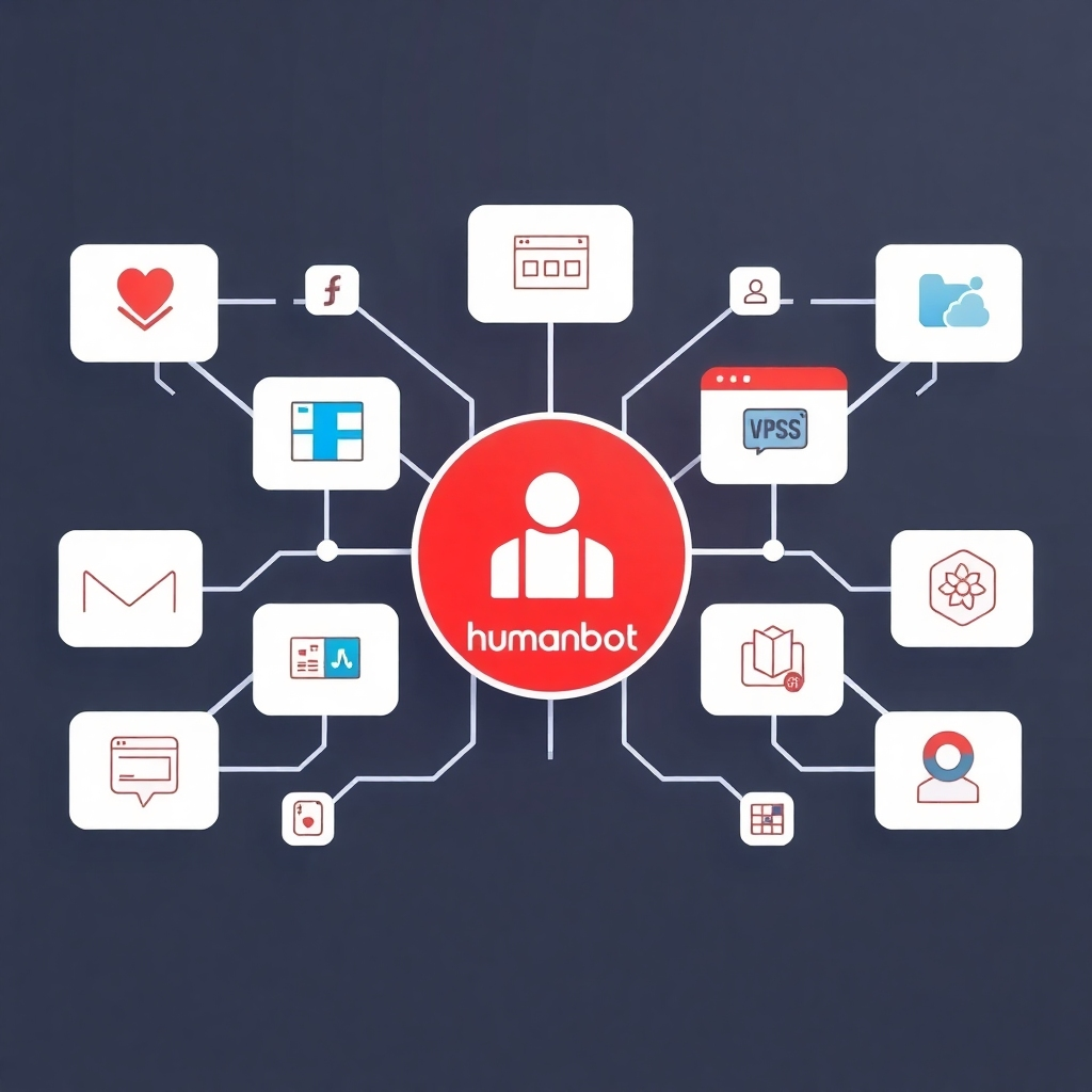 A photorealistic image of various software applications connected through a central hub that is represented by the HumanBot logo. The image should be clean and modern, highlighting the seamless integration capabilities of HumanBot.