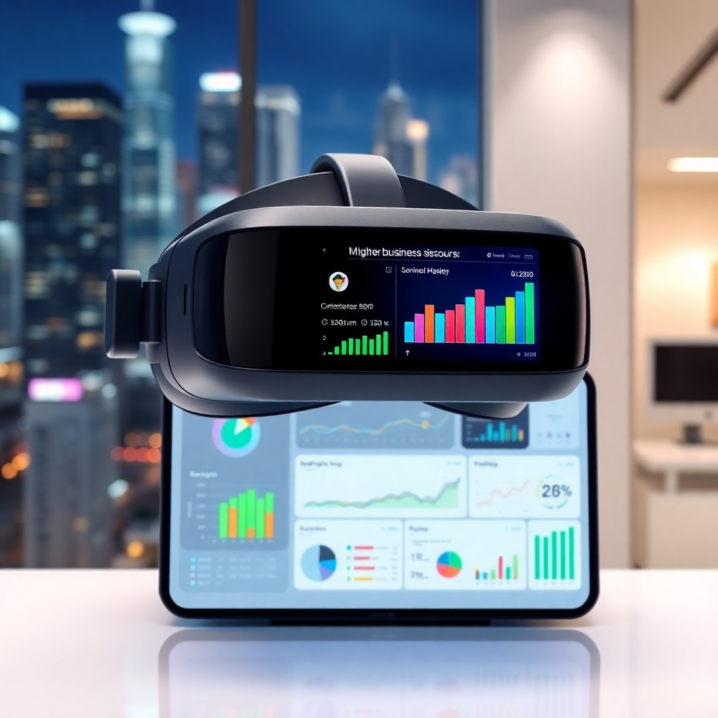 A photorealistic image, rendered in ultra-high detail (8K resolution), depicting a virtual reality headset displaying a vibrant, interactive dashboard representing a business launch strategy. The dashboard is clean, modern, and intuitive, filled with colorful charts, graphs, and key performance indicators, all representing a successful business launch.  The background is a blurred depiction of a bustling city at night, symbolizing the dynamic nature of the online business world. The lighting is a combination of soft ambient light and focused light on the headset and dashboard to highlight key features. The scene is set in a modern, minimalist office, with high-tech equipment and a luxurious feel. The color palette incorporates deep blues, accentuating technology, and vibrant greens to represent growth and success.  The overall mood is optimistic, exciting, and successful. The image style references modern tech company promotional materials, showcasing innovation and progress. The texture of the VR headset and dashboard are precisely detailed, showing realistic materials and sharp, clean lines.