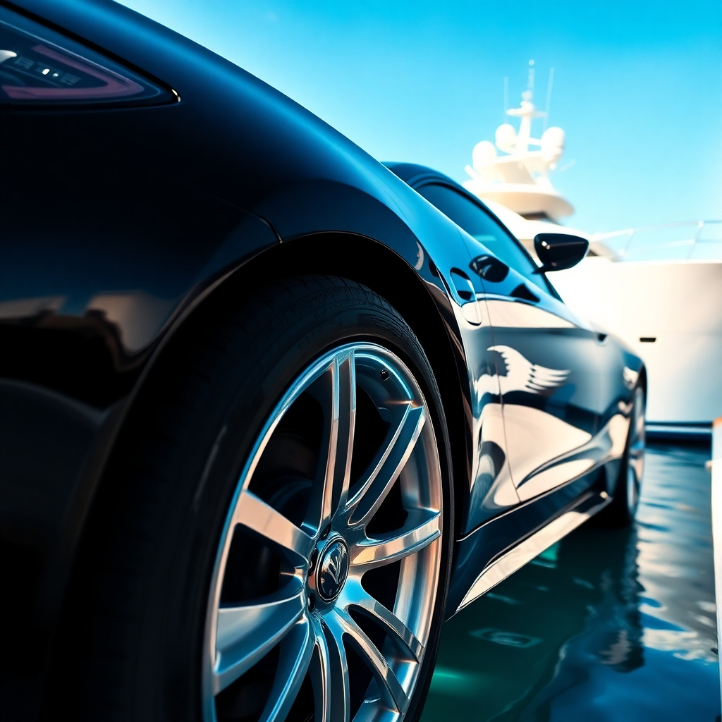 A photorealistic image, rendered in 8K resolution, depicting a gleaming black luxury car and a pristine white yacht, both freshly pressure-washed and detailed. The scene is set at a marina, with clear blue water and a bright, sunny sky providing a vibrant backdrop. Soft, diffused sunlight illuminates the surfaces of the car and boat, highlighting their shine and smoothness. The camera angle is at eye level, capturing the full details of both vehicles.  The image should project a sense of luxury, cleanliness, and prestige. The overall color palette is dominated by the black of the car, the white of the yacht, and the deep blue of the water, creating a striking contrast. The level of detail should be extremely high, emphasizing the reflective qualities of the surfaces and the intricate details of the vehicles.  The style should be reminiscent of a high-end automotive or nautical advertising campaign, conveying a feeling of aspiration and exclusivity.  The image should include subtle reflections of the surroundings in the polished surfaces of the car and boat, adding depth and realism. Include fine details like visible water droplets and reflections showing a crystal-clear sky.