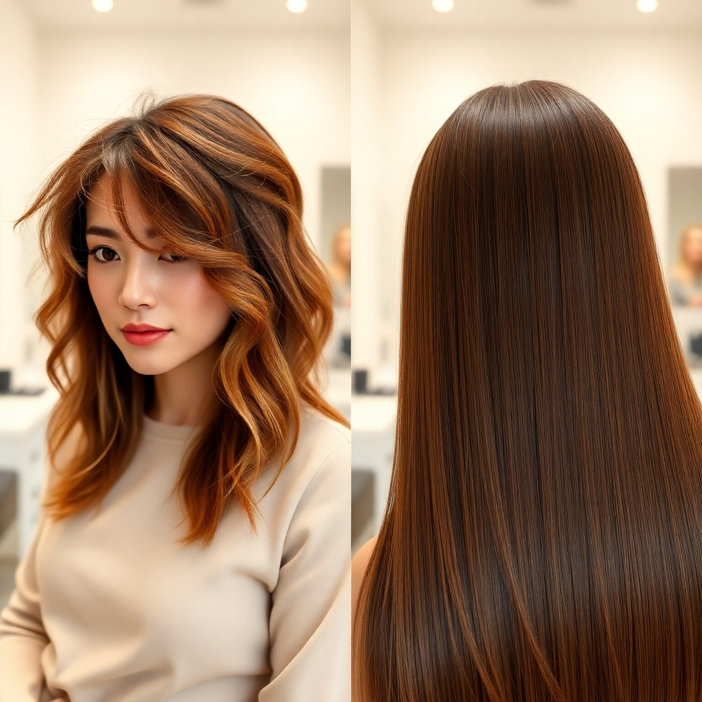 A photorealistic image rendered in 8K resolution, showcasing before-and-after shots of a woman's hair undergoing a keratin treatment at Kylee's Hair Services. The "before" shot shows frizzy, unruly hair; the "after" shot presents sleek, straight, glossy hair. Soft, diffused lighting illuminates both images. The color palette is warm and natural. The camera angles are consistent between shots, revealing the transformation effectively. The textures are highly detailed, showing the change from coarse, dry texture to smooth, healthy hair.   The environment is a clean, modern salon with neutral tones.  The background is subtly blurred, drawing focus to the hair. The style is clean and simple, emphasizing the effectiveness of the treatment.  The overall mood is one of transformation and confidence.  The image should have a clinical yet aspirational feel, similar to high-quality beauty product advertising.  The hair’s shine and smoothness should be hyperrealistic.